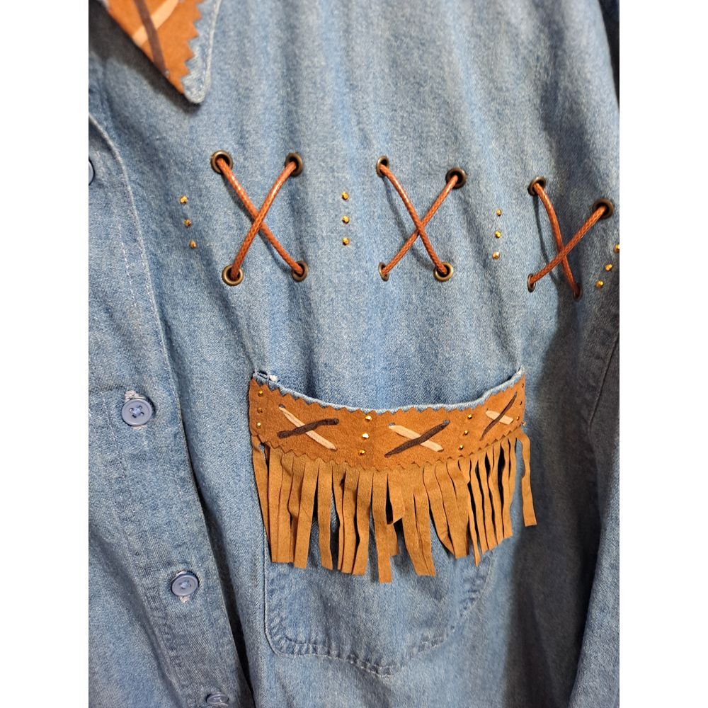 P.G.B. Western Denim Shirt Leather Fringe Lace Up Detail Large - Picture 4 of 8